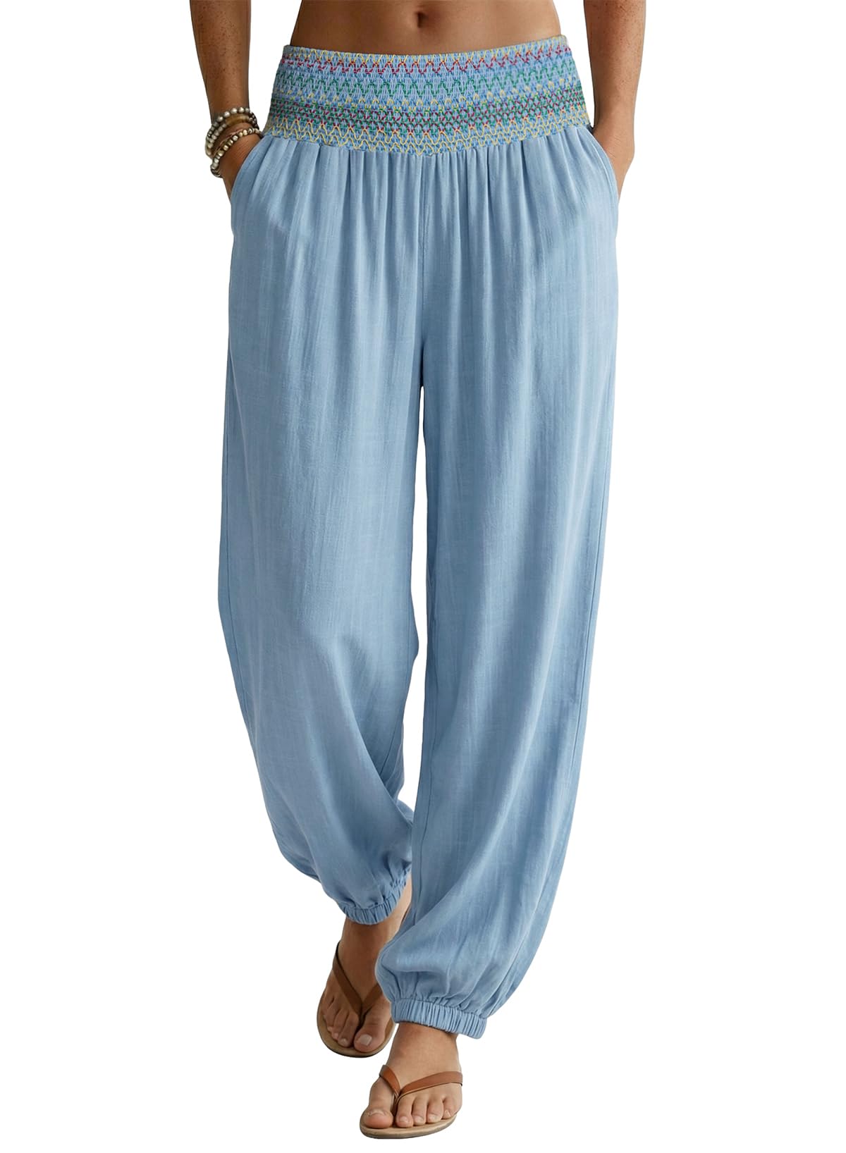 Dokotoo Womens Smocked Waist Boho Flowy Vacation Beach Resort Harem Pants L