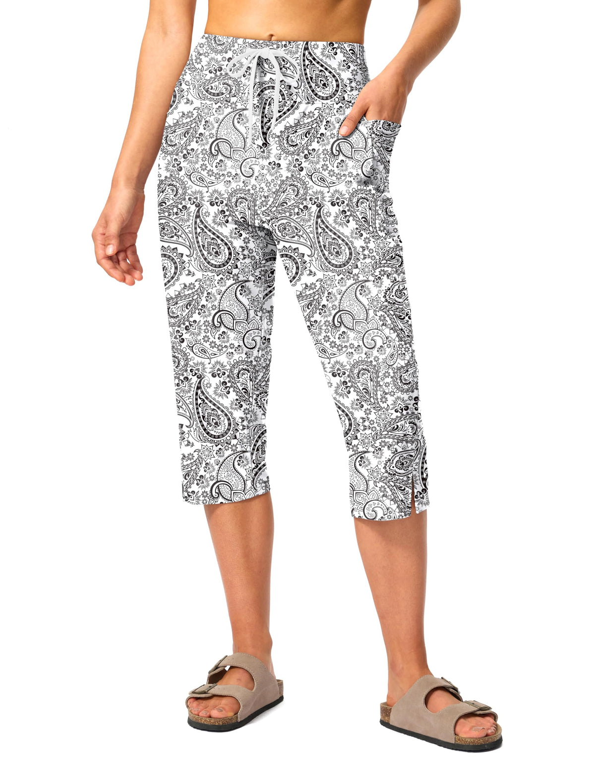 Viodia 18'' Women's Swim Capris Pants Quick Dry with Pockets White Paisley M
