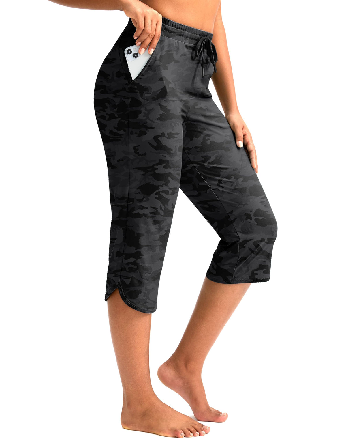Pudolla Women's 18" Swim Capris Pants with Pockets (Black Camo Large)