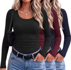 Ekouaer 3 Packs Womens Long Sleeve Shirts Scoop Neck Ribbed Tops