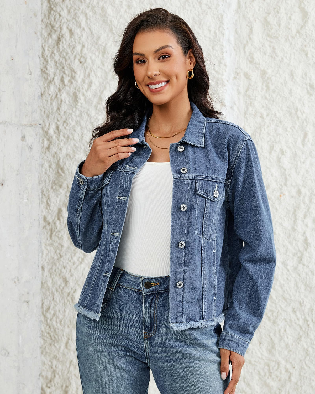 Vetinee Womens Jeans Jacket Woman Jean With Pockets Jackets For Women Classic Blue Medium Fits Size 8 / 10