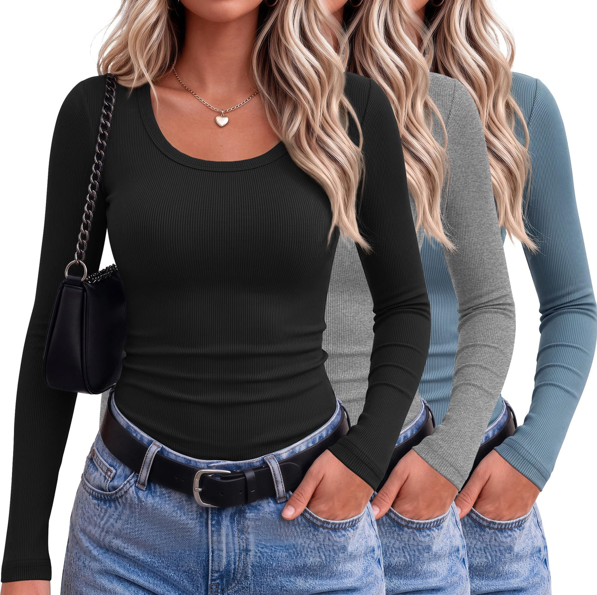 Ekouaer 3 Packs Womens Long Sleeve Shirts Scoop Neck Ribbed Tops