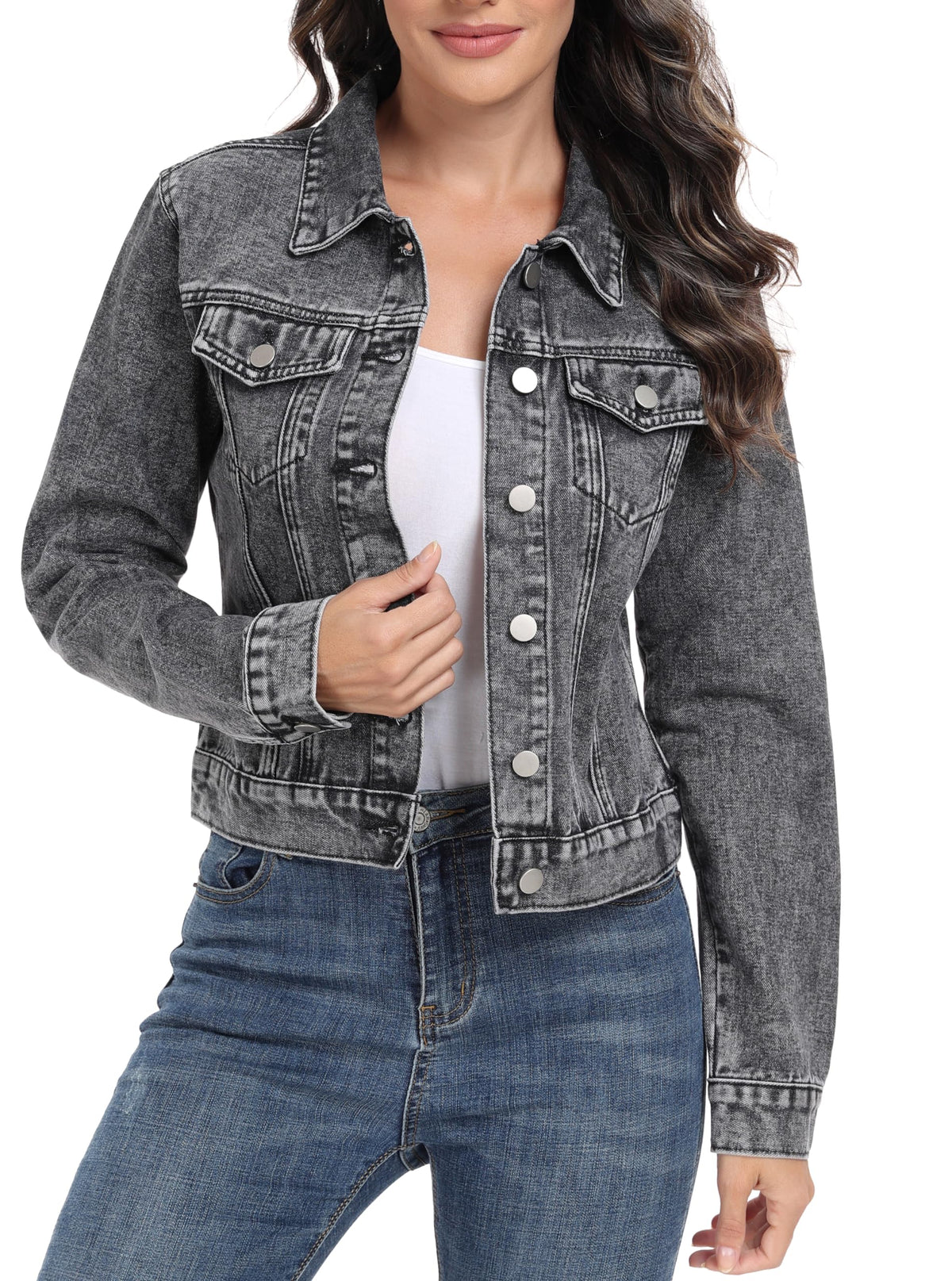 Andy & Natalie Cropped Jean Jacket For Women Fashion Casual Crop Denim Jackets Trendy Outfit With Pockets Deep Grey X-small