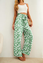 Iwollence Women Flowy Palazzo Pants Adjustable Knot - 10 Green White