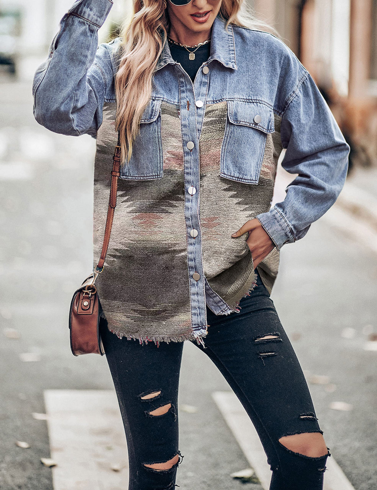 Women's Lumister Aztec Denim Jacket Distressed Lapel Long Sleeve Vintage Button Down Shacket(0007-pink-l)
