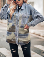 Lumister Women's Aztec Denim Jacket Distressed Lapel Long Sleeve Vintage Button Down Shacket(0007-grey-xxl) - Grey&beige