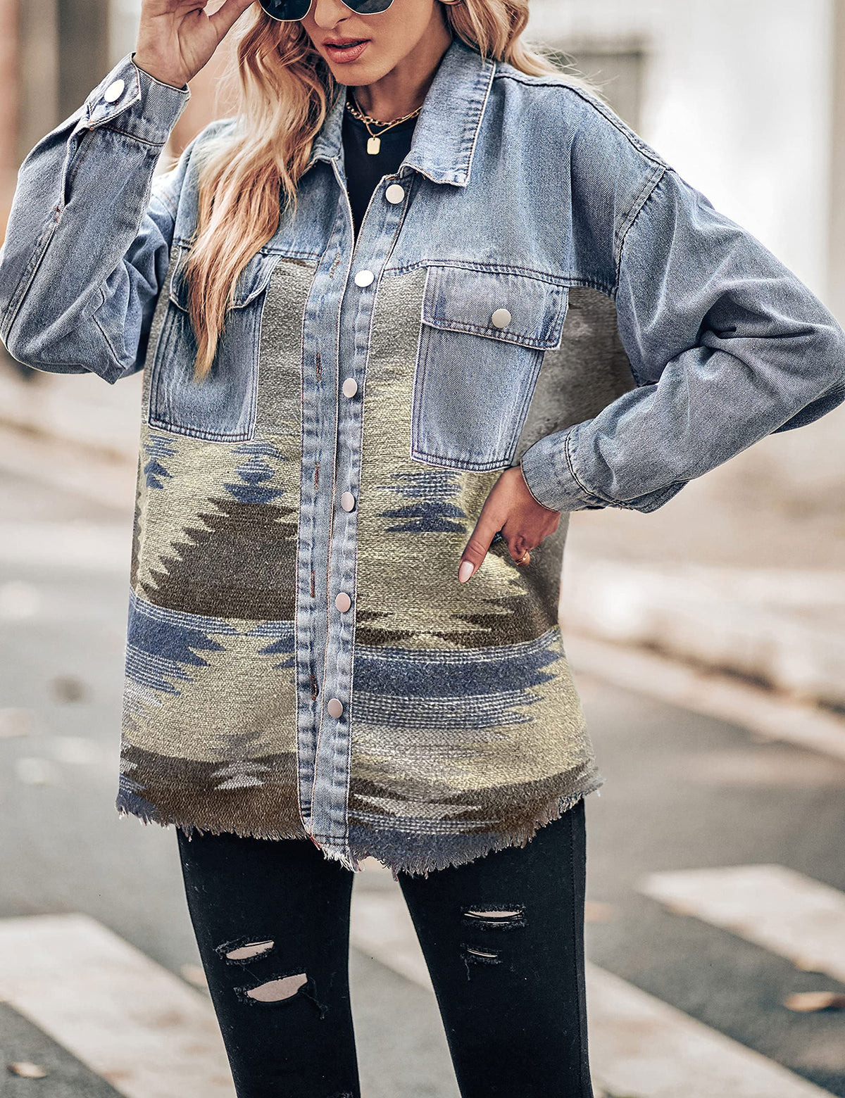 Lumister Women's Aztec Denim Jacket Distressed Lapel Long Sleeve Vintage Button Down Shacket(0007-grey-xxl) - Grey&beige