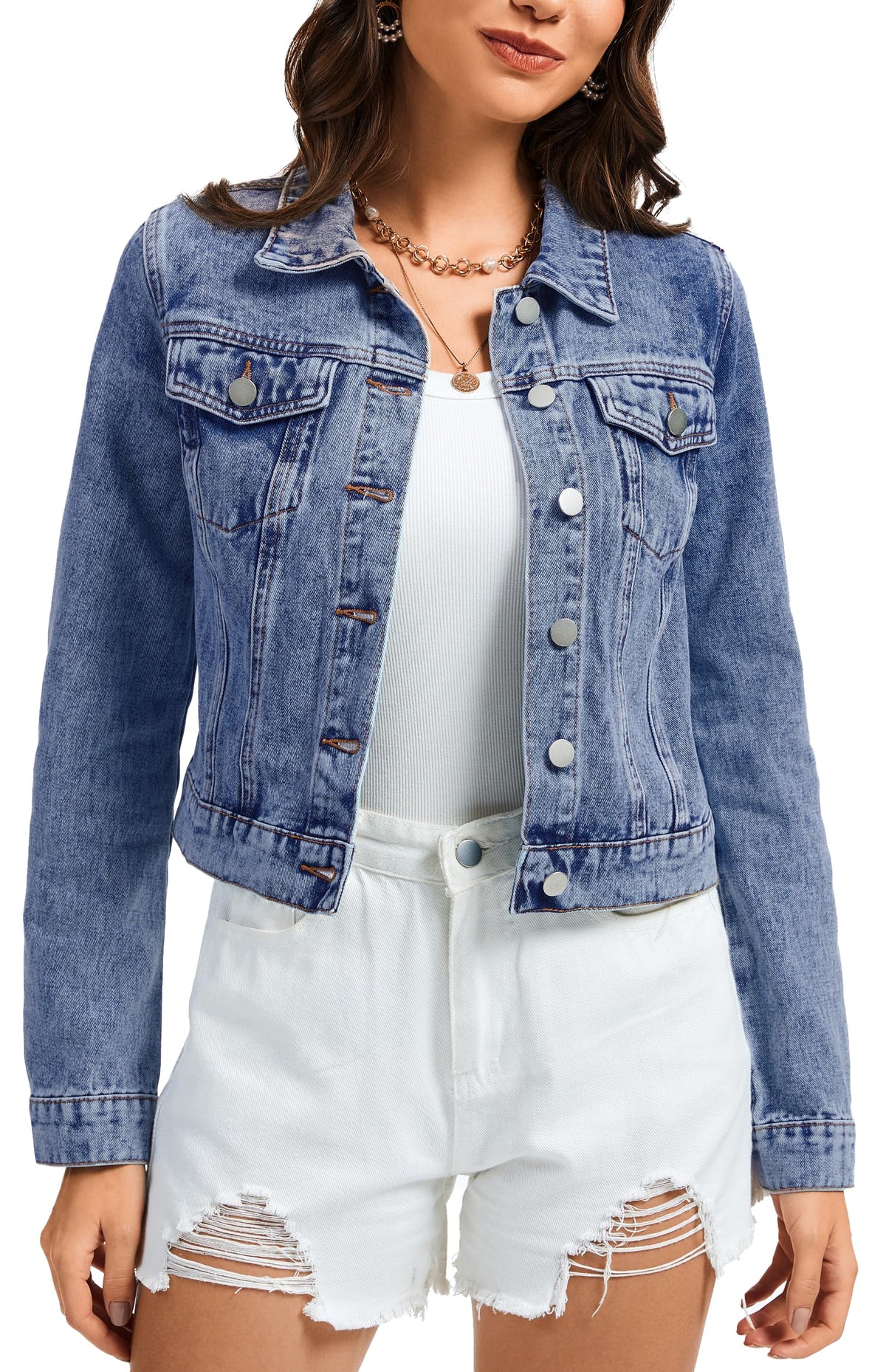 Andy & Natalie Women's Denim Jacket Trendy Long Sleeve Basic Button Down Crop Jean Shacket Jackets Light Blue-2 X-small