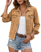 Luvamia Women's Distressed Jean Jacket - Lightweight Denim Shirt - Brown Sugar - Stone Wash - XXL (fits Size 20-22)