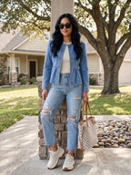 Dokotoo Cropped Jean Jacket Women Fashion Spring Summer Button Down Long Sleeve Cinched Waist Crop Denim Jackets For Rodeo Western Country