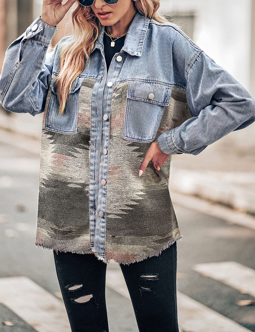 Women's Lumister Aztec Denim Jacket Distressed Lapel Long Sleeve Vintage Button Down Shacket(0007-pink-s)