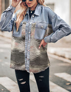 Women's Lumister Aztec Denim Jacket Distressed Lapel Long Sleeve Vintage Button Down Shacket(0007-pink-l)