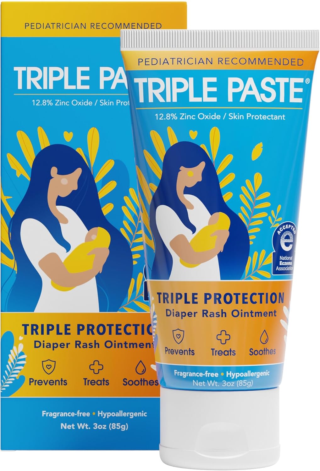 Triple Paste Diaper Rash Cream for Baby - 3 oz Tube – Zinc Oxide Ointment Treats, Soothes & Prevents Diaper Rash, Pediatrician-Recommended Hypoallergenic Formula, Baby Essentials for Daily & Overnight
